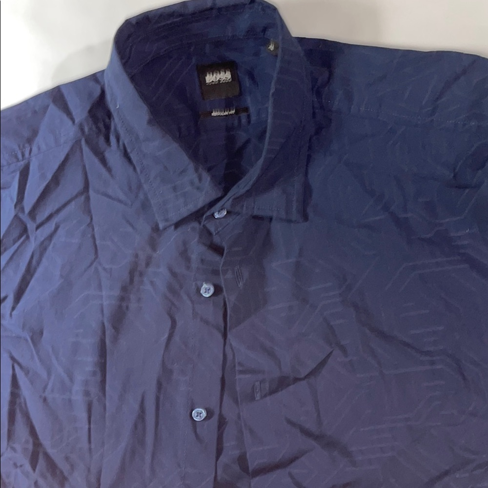 Boss by Hugo Boss Men's Navy Patterned Button-Down Shirt Short Sleeve Size XL